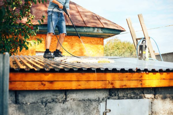 man wach clean carpet outdoor on roof with water car wash